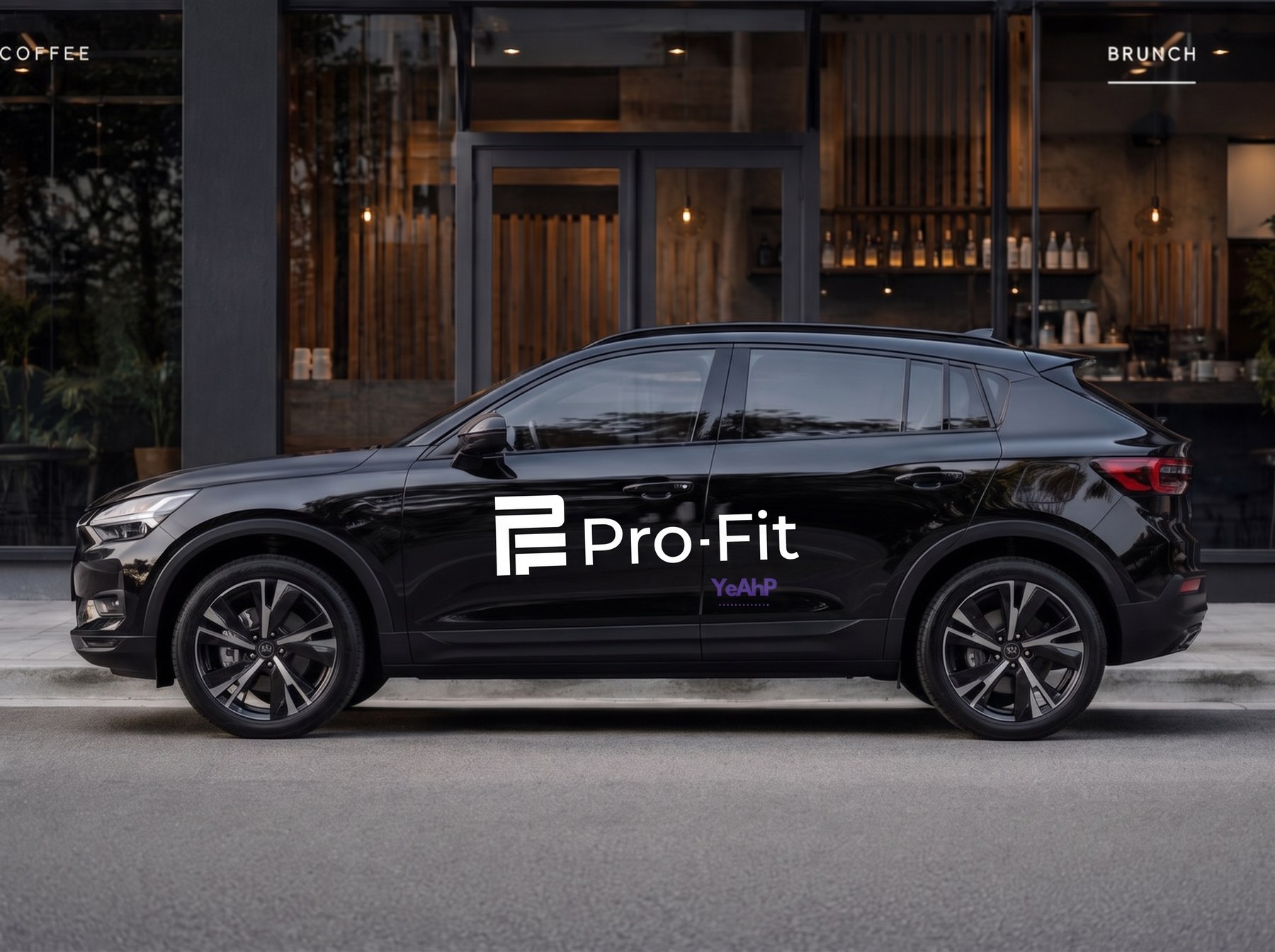 A black SUV parked outside a coffee shop, wrapped with the Pro-Fit logo and a small YeAhP mark on the rear door.